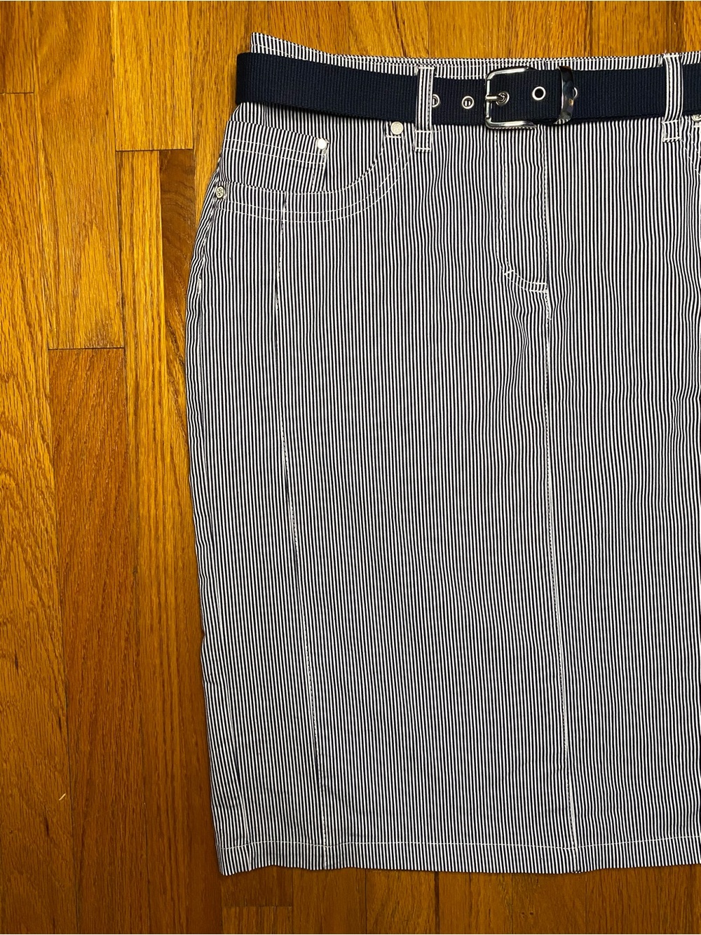 Navy and White Pinstripe Midi Skirt with Belt - Picture 2 of 5